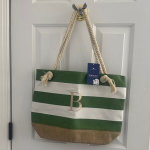 Green and White Striped Canvas Tote with Rope Handles